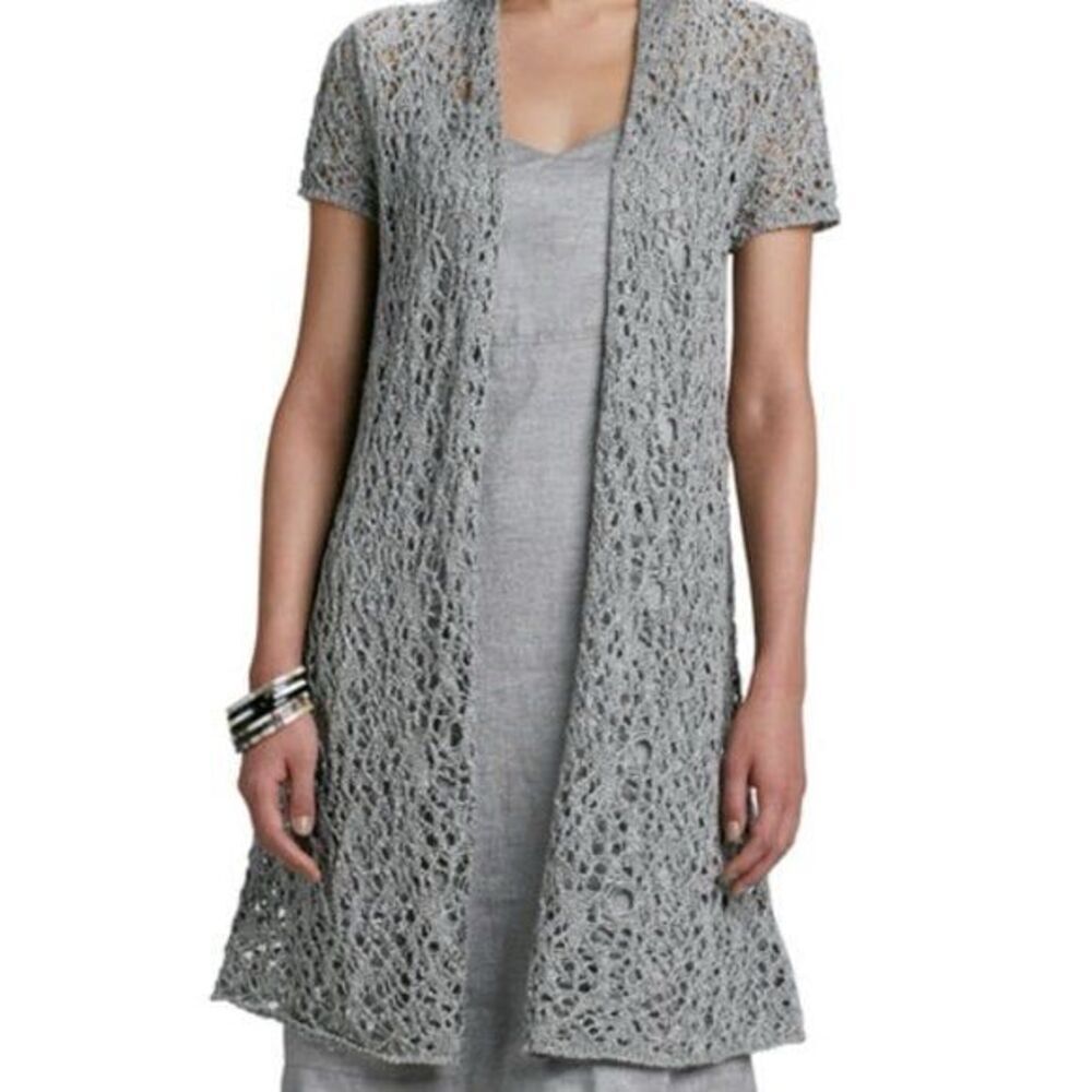 Eileen Fisher Gray Rustic Luster Open Front Linen Blend Long Crochet Cardigan M